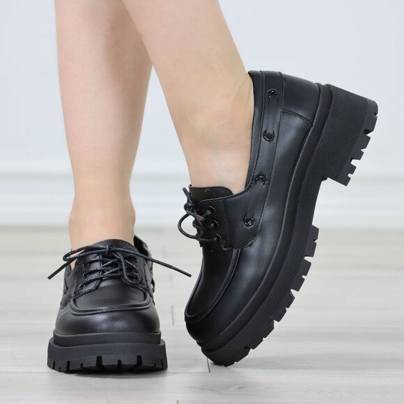 Chunky Penny Loafers Black Lug Sole Slip On Platform Faux Leather Black Lace Up - Picture 1 of 14